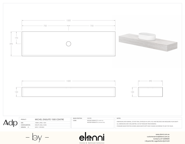 Michel Ensuite 1500 Centre, Elenni specification drawing