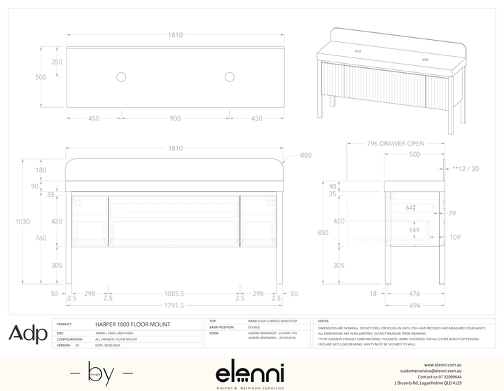 Harper 1800 With Legs (Floor Mount) Double, Elenni specification drawing