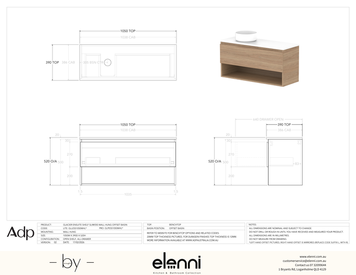 Glacier Ensuite, Shelf 1050 Slim WH, Benchtop Offset Bowl - Elenni specification drawing