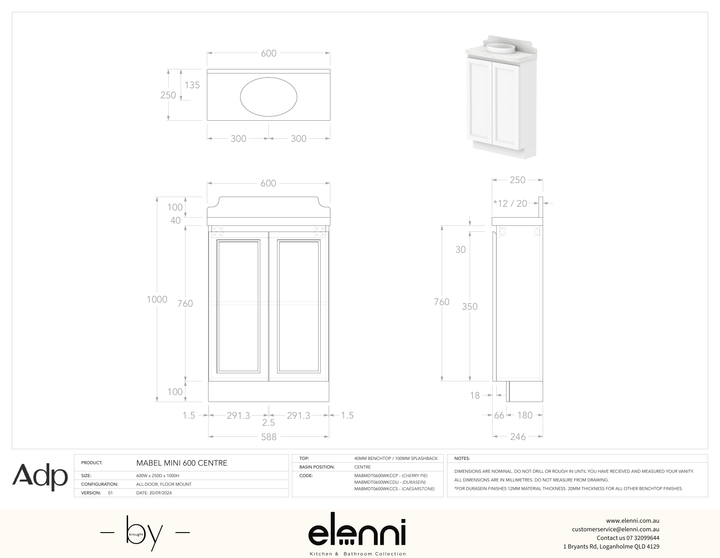 Mabel Mini 600 Floor Mount Centre - Elenni specification drawing