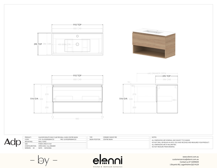 Glacier Ensuite, Shelf 900 Slim WH, Ceramic Centre Bowl - Elenni specification drawing