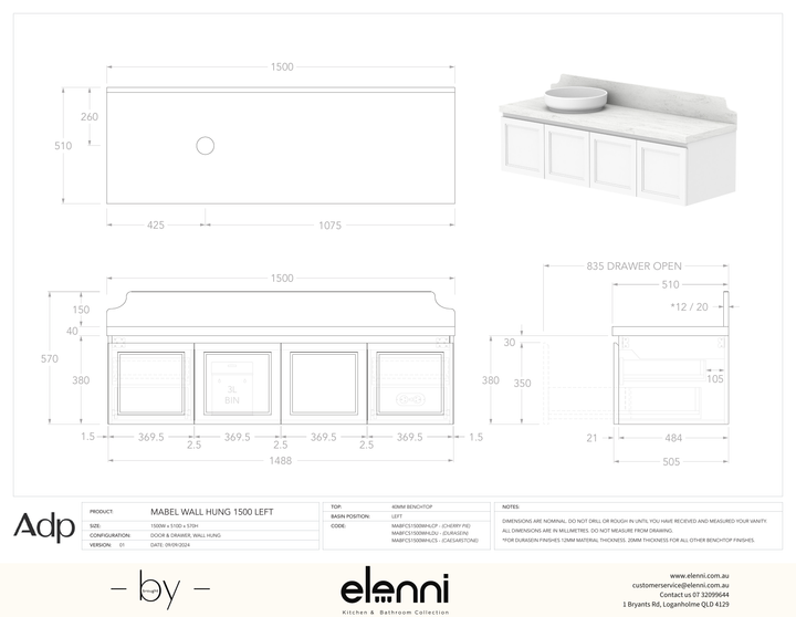 Mabel 1500 Wall Hung Left Offset, Elenni specification drawing