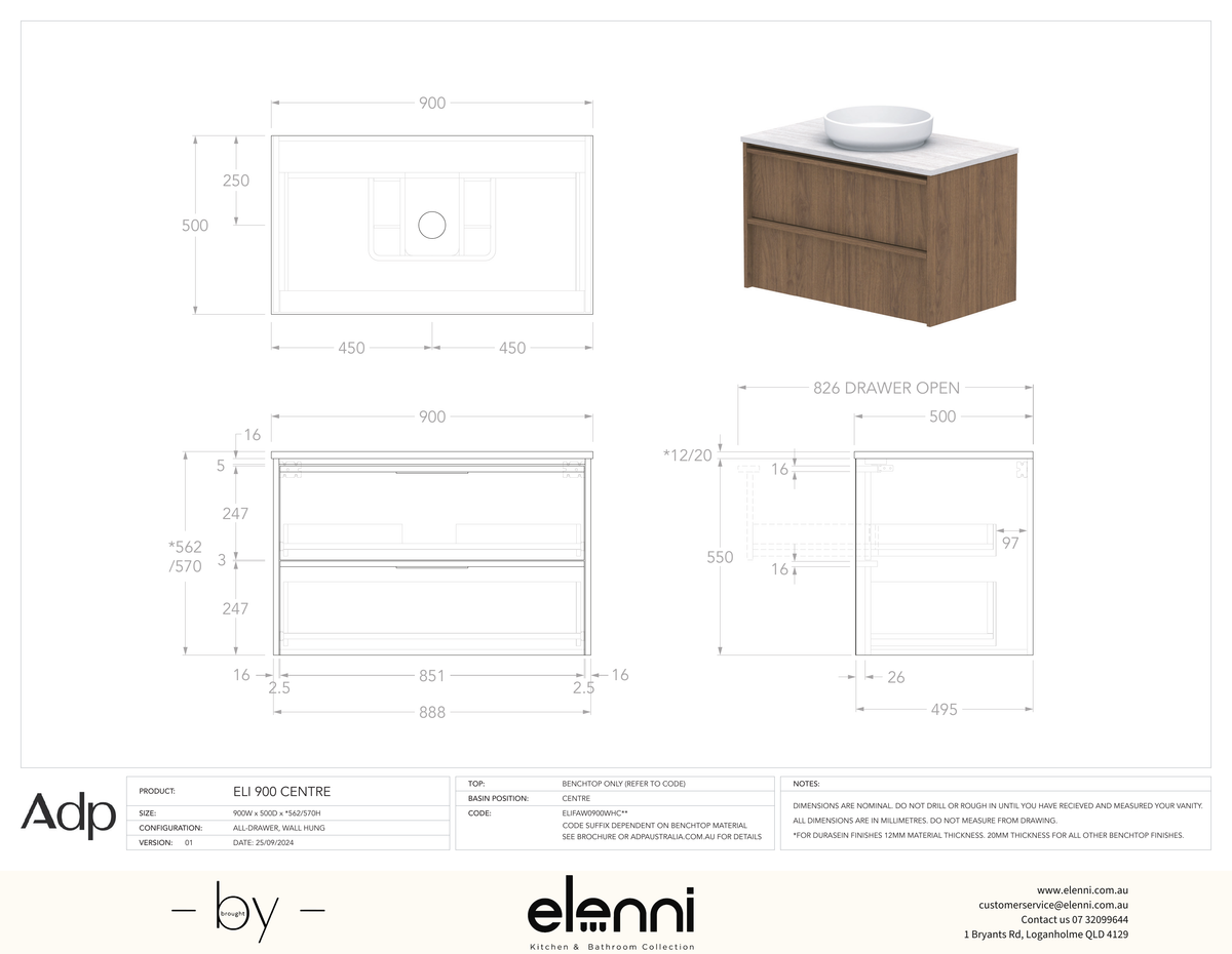 Eli 900 Wall Hung Centre, Elenni specification drawing