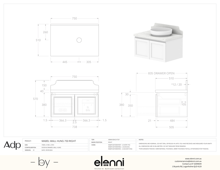 Mabel 750 Wall Hung Right Offset, Elenni specification drawing