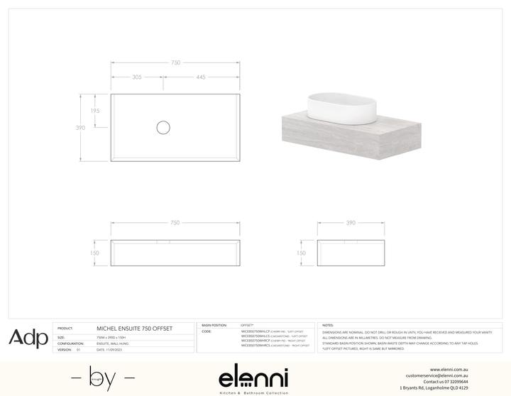 Michel Ensuite 750 Offset - Elenni specification drawing
