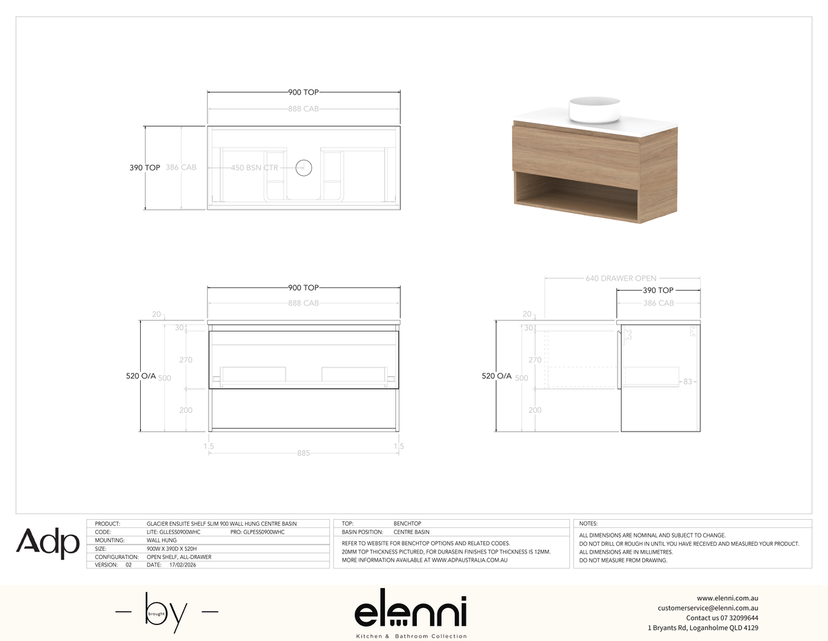 Glacier Ensuite, Shelf 900 Slim WH, Benchtop Centre Bowl - Elenni specification drawing