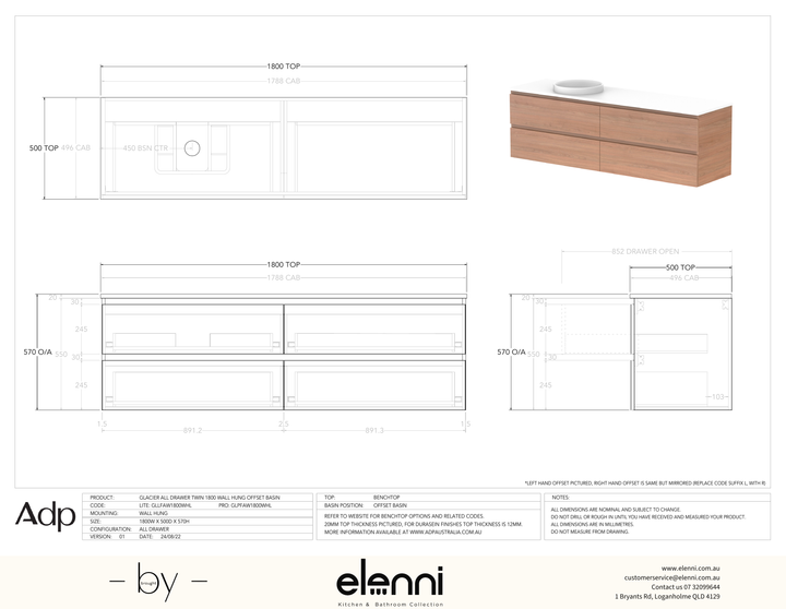 Glacier FD, All Drawer, 1800 Twin WH, Benchtop Offset Bowl - Elenni specification drawing