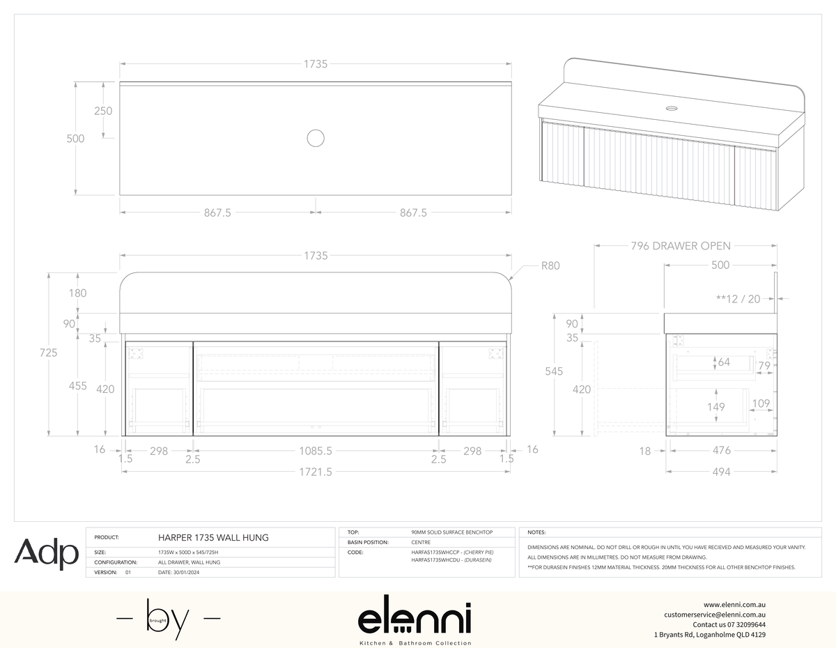 Harper 1735 Wall Hung Centre - Elenni specification drawing