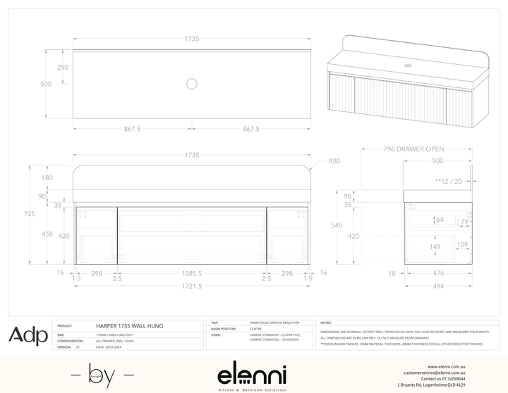 Harper 1735 Wall Hung Centre, Elenni specification drawing