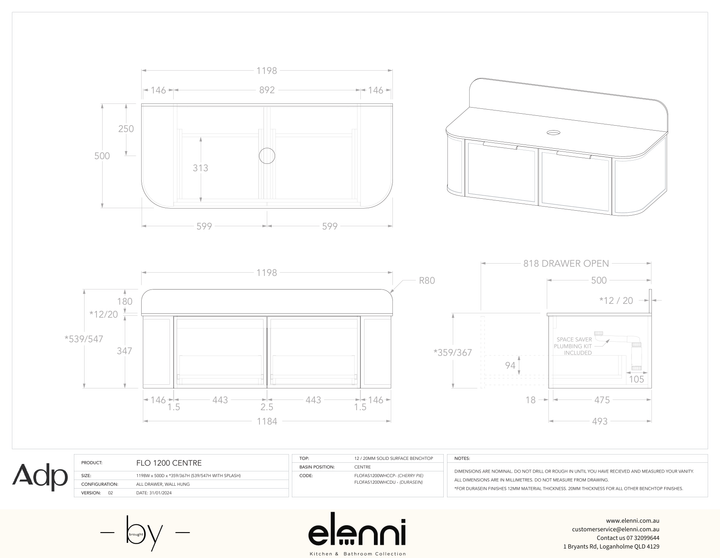 Flo 1200 Centre, Elenni specification drawing