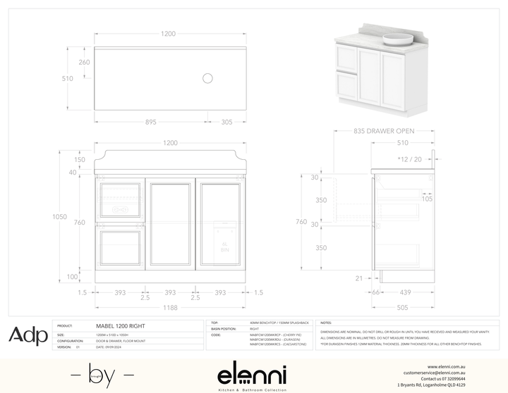 Mabel 1200 Floor Mount Right Offset, Elenni specification drawing