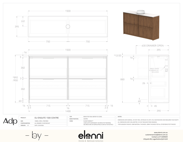 Eli Ensuite 1500 Floor Mount Centre - Elenni specification drawing