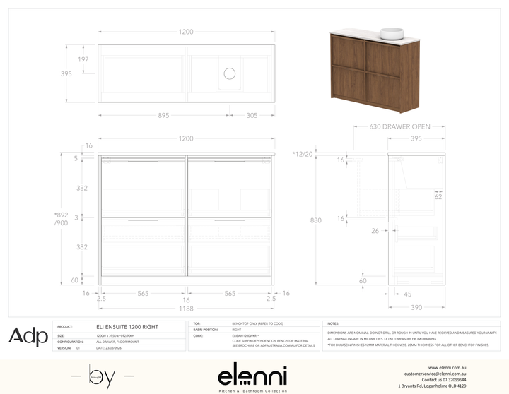 Eli Ensuite 1200 Floor Mount Right Offset - Elenni specification drawing