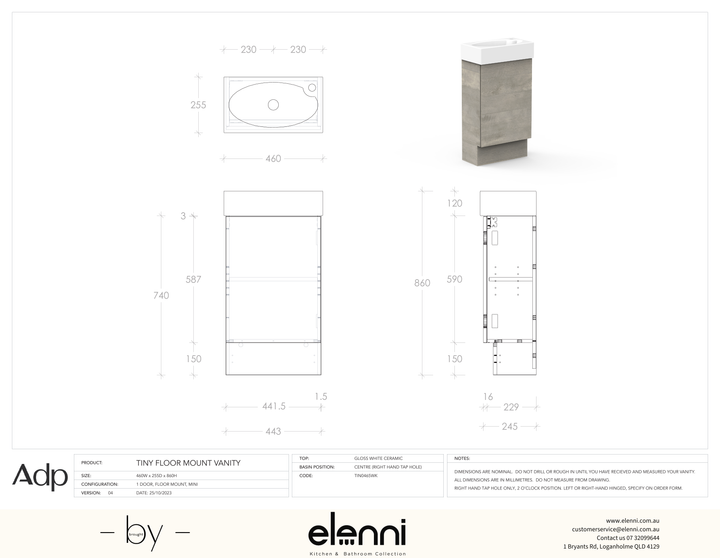 Tiny Floor Mount, Elenni specification drawing
