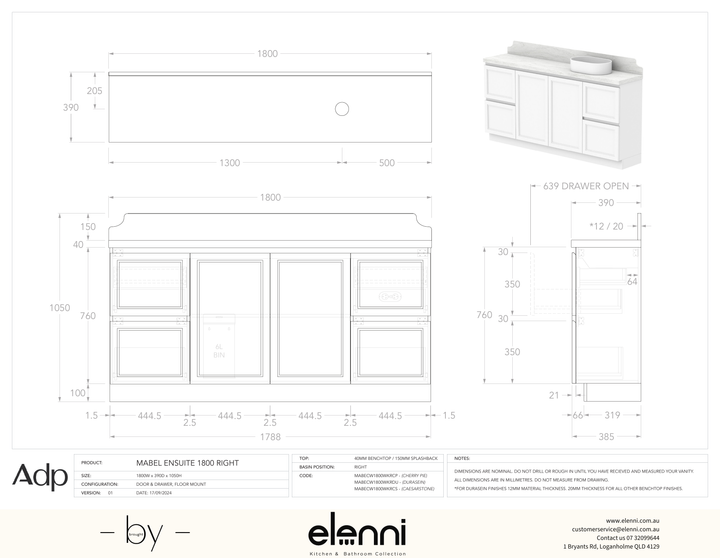 Mabel Ensuite 1800 Floor Mount Right Offset, Elenni specification drawing