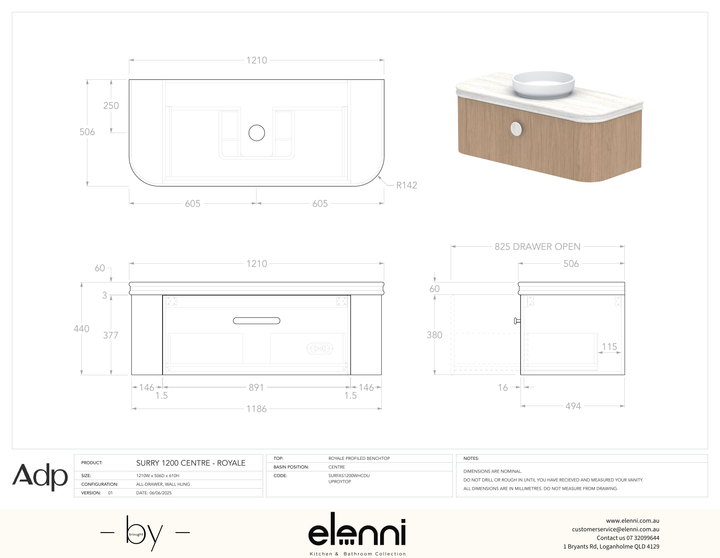 Surry 1200, Royale, Centre Bowl, Elenni specification drawing