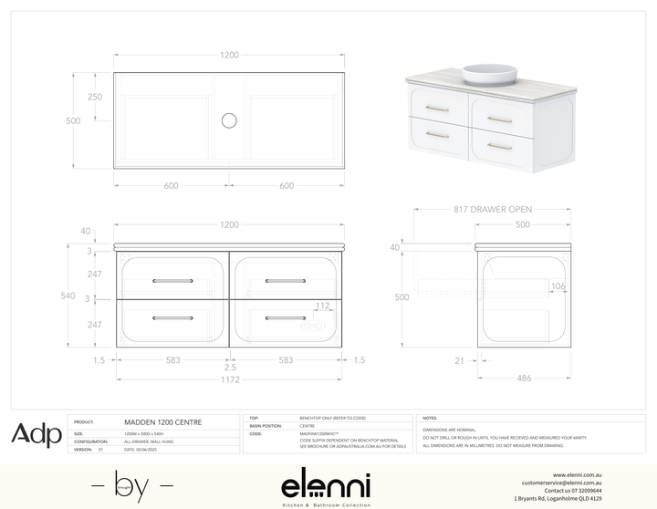 Madden 1200 Centre, Elenni specification drawing