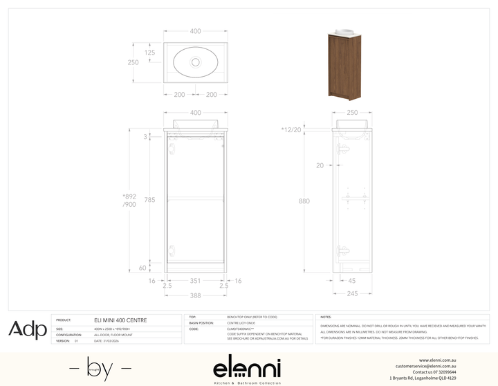 Eli Mini 400 Floor Mount Centre, Elenni specification drawing