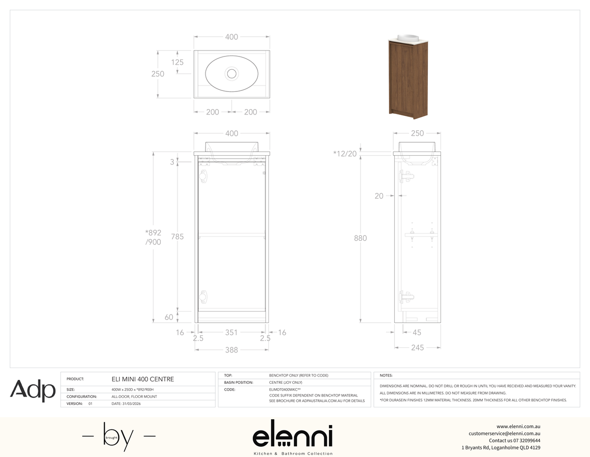 Eli Mini 400 Floor Mount Centre, Elenni specification drawing