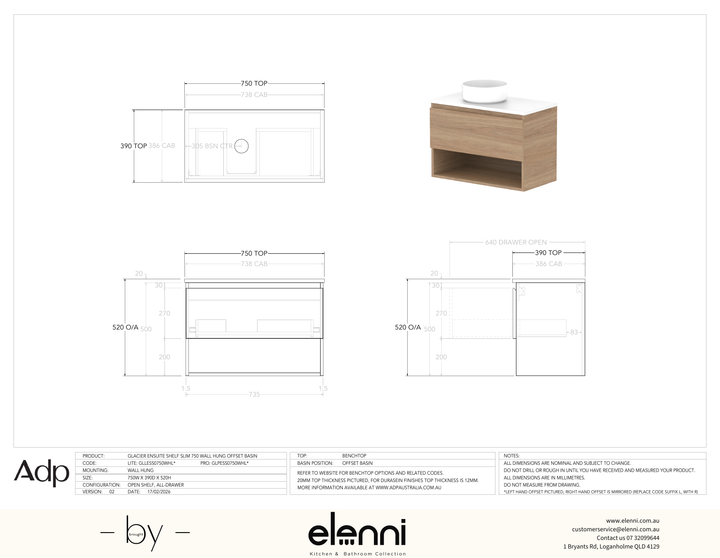 Glacier Ensuite, Shelf 750 Slim WH, Benchtop Offset Bowl - Elenni specification drawing