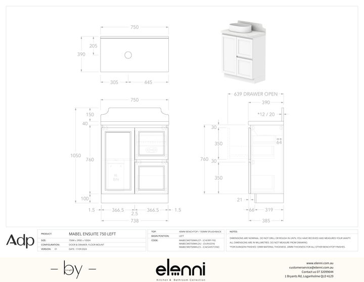 Mabel Ensuite 750 Floor Mount Left Offset, Elenni specification drawing