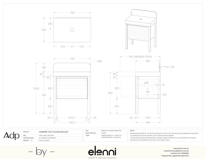 Harper 750 With Legs (Floor Mount) Centre, Elenni specification drawing