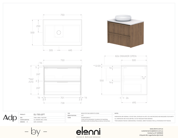 Eli 750 Wall Hung Left Offset, Elenni specification drawing