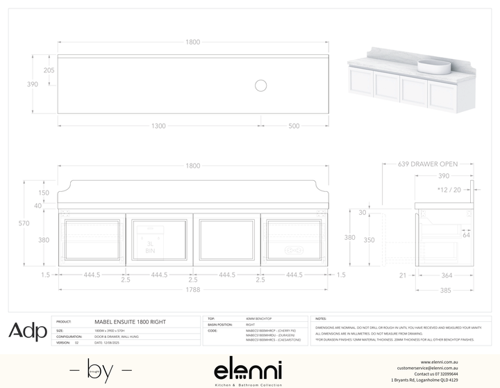 Mabel Ensuite 1800 Wall Hung Right Offset, Elenni specification drawing