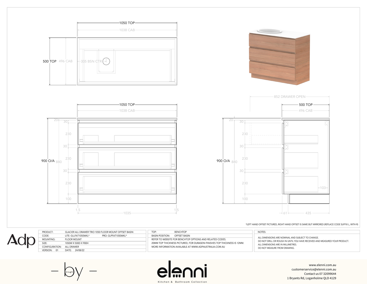Glacier FD, All Drawer, 1050 Trio FM, Benchtop Offset Bowl - Elenni specification drawing