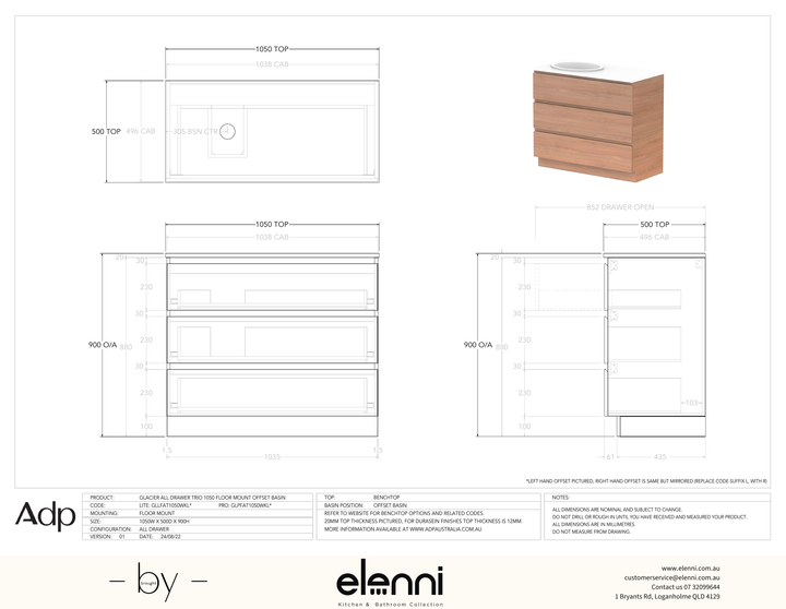 Glacier FD, All Drawer, 1050 Trio FM, Benchtop Offset Bowl - Elenni specification drawing