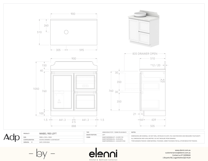 Mabel 900 Floor Mount Left Offset, Elenni specification drawing