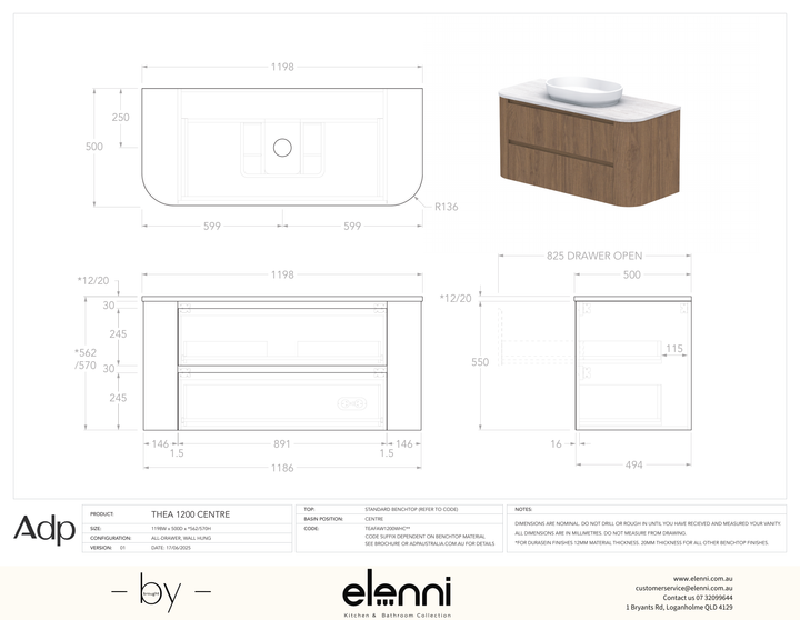 Thea 1200, Benchtop, Centre Bowl, Elenni specification drawing