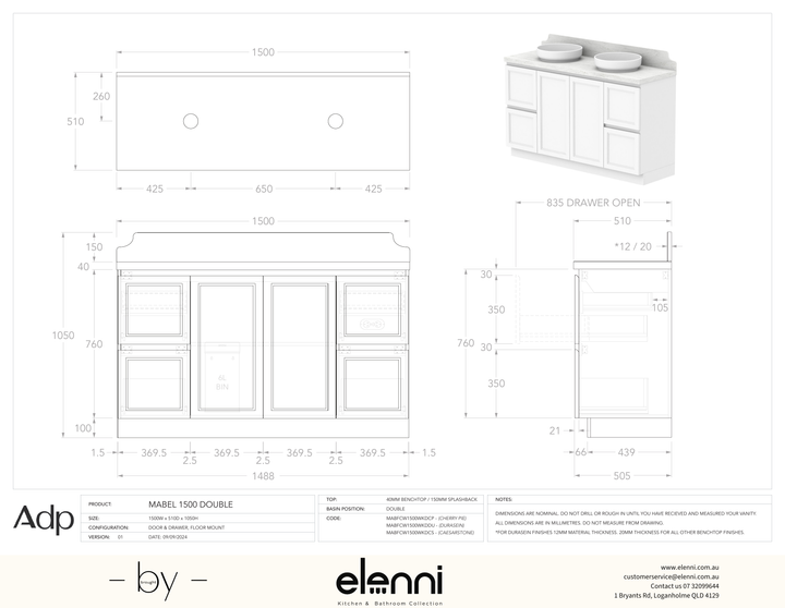 Mabel 1500 Floor Mount Double, Elenni specification drawing