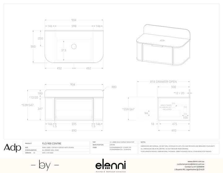 Flo 900 Centre - Elenni specification drawing