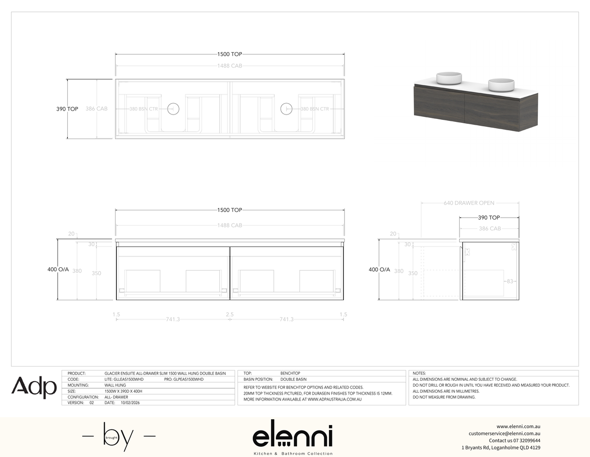Glacier Ensuite, All-Drawer 1500 Slim WH, Benchtop Double Bowl - Elenni specification drawing