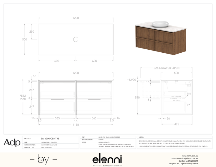 Eli 1200 Wall Hung Centre, Elenni specification drawing