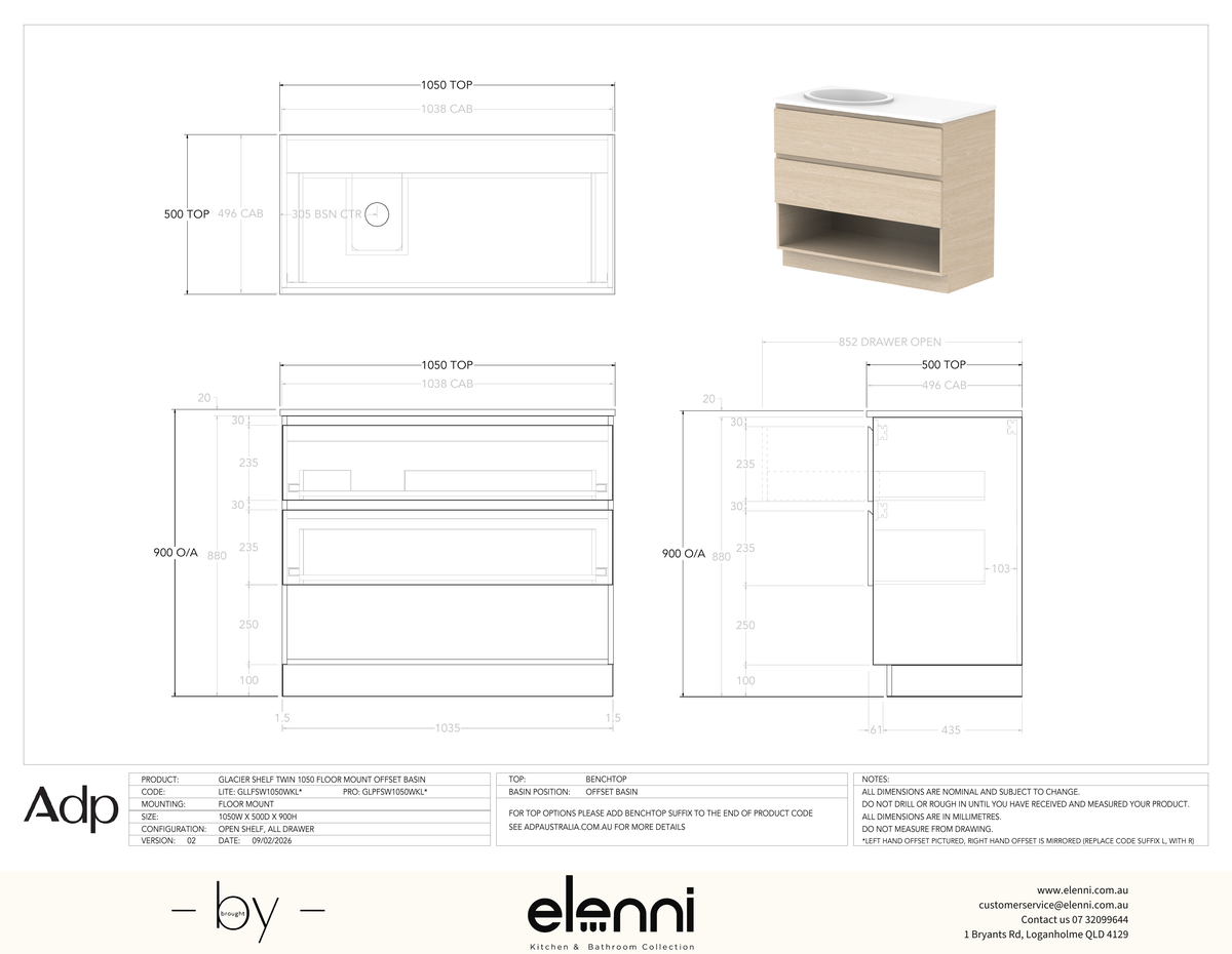 Glacier FD, Shelf, 1050 Twin FM, Benchtop Offset Bowl - Elenni specification drawing