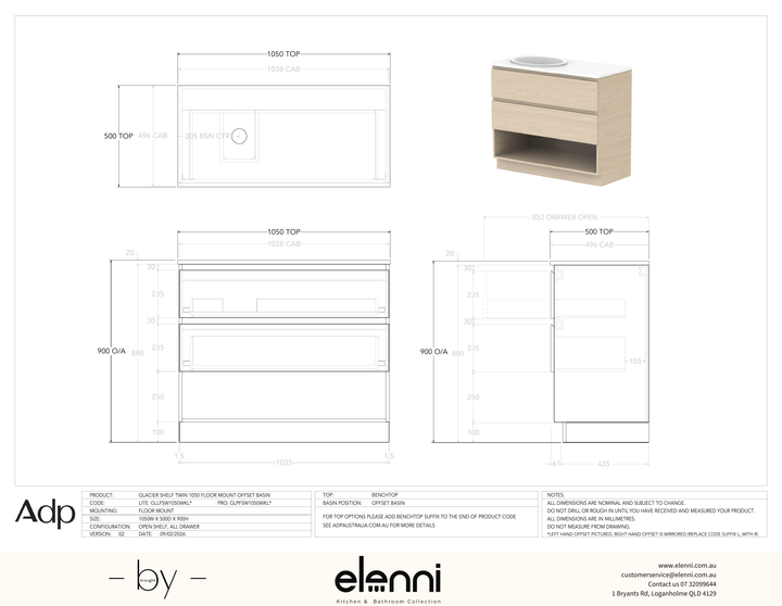 Glacier FD, Shelf, 1050 Twin FM, Benchtop Offset Bowl - Elenni specification drawing