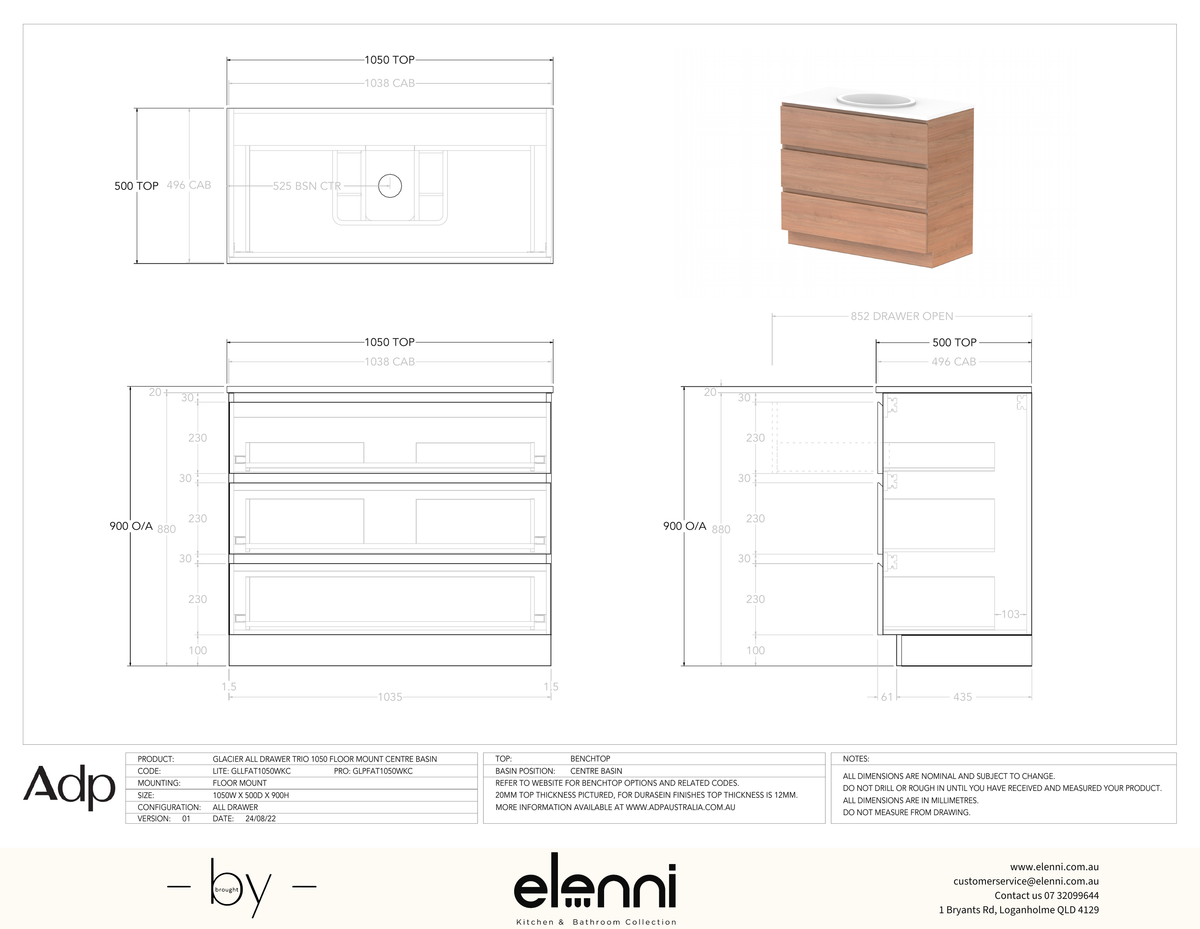 Glacier FD, All Drawer, 1050 Trio FM, Benchtop Centre Bowl - Elenni specification drawing