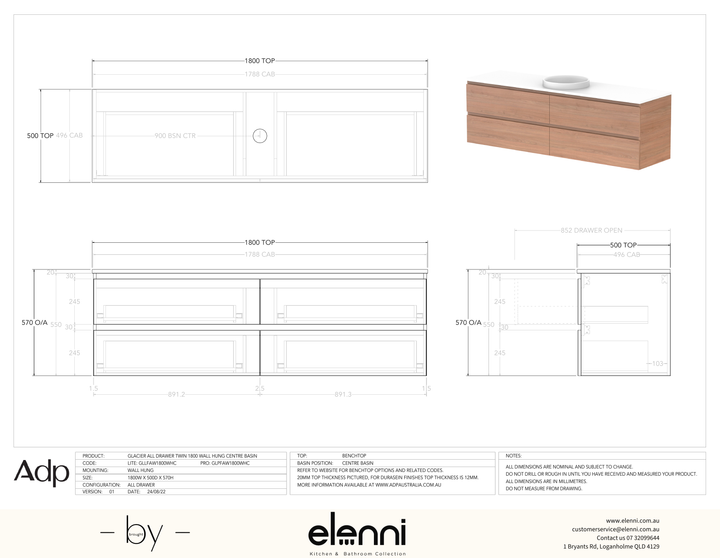 Glacier FD, All Drawer, 1800 Twin WH, Benchtop Centre Bowl - Elenni specification drawing