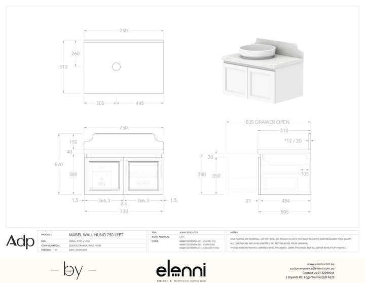 Mabel 750 Wall Hung Left Offset, Elenni specification drawing