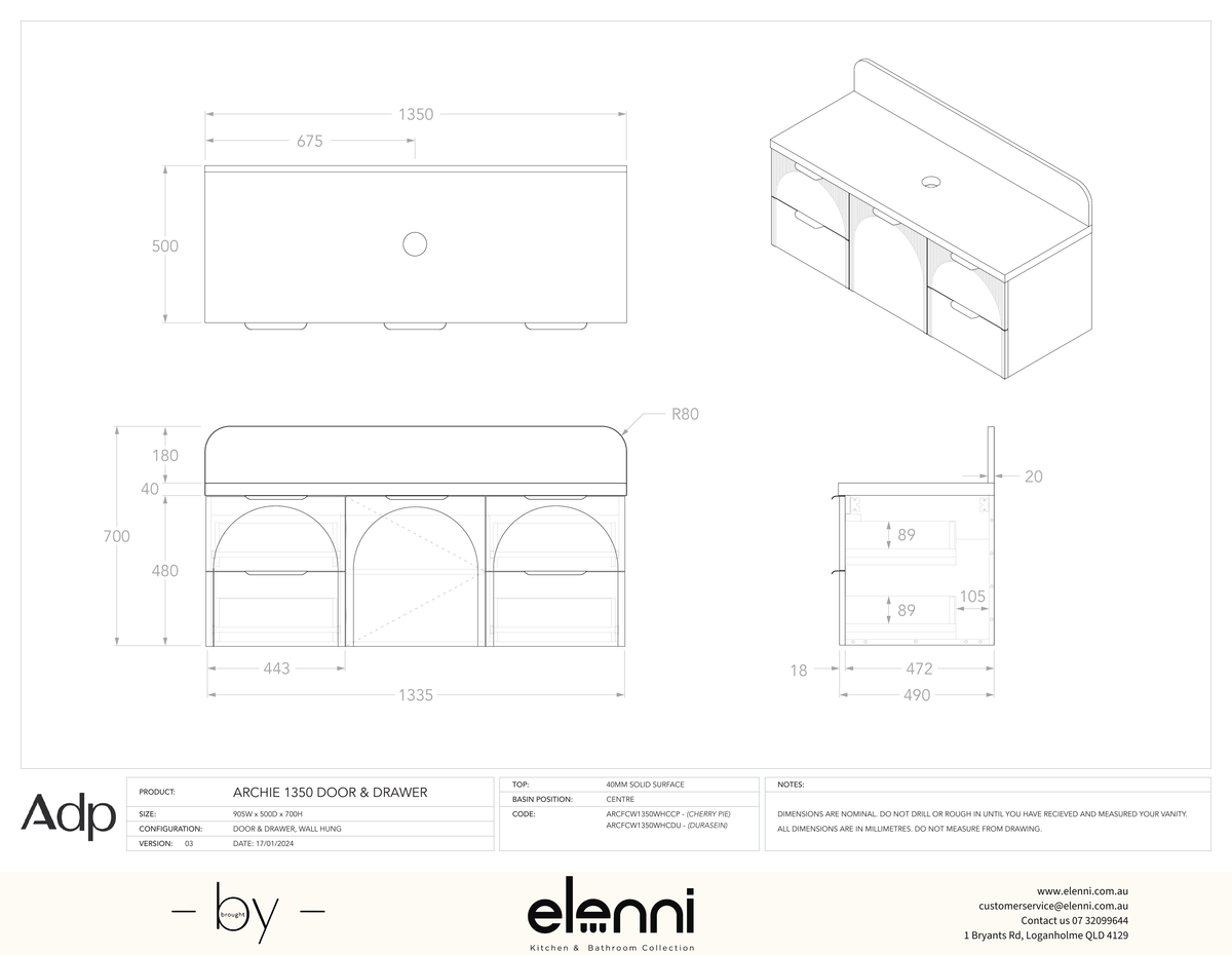 Archie 1350 Door and Drawer Centre, Elenni specification drawing