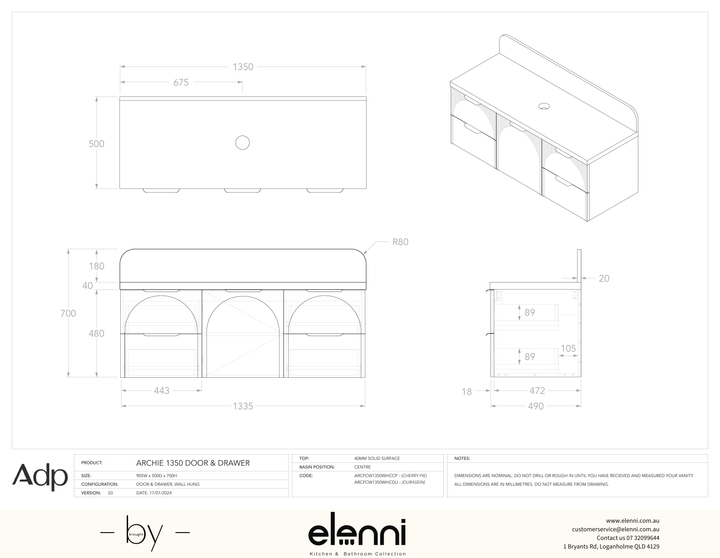 Archie 1350 Door and Drawer Centre, Elenni specification drawing