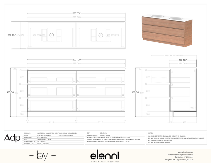 Glacier FD, All Drawer, 1800 Trio FM, Benchtop Double Bowl - Elenni specification drawing