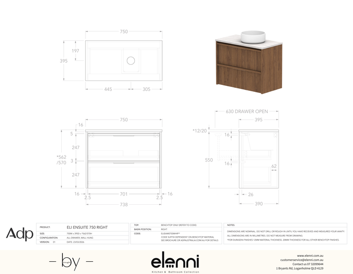 Eli Ensuite 750 Wall Hung Right Offset, Elenni specification drawing
