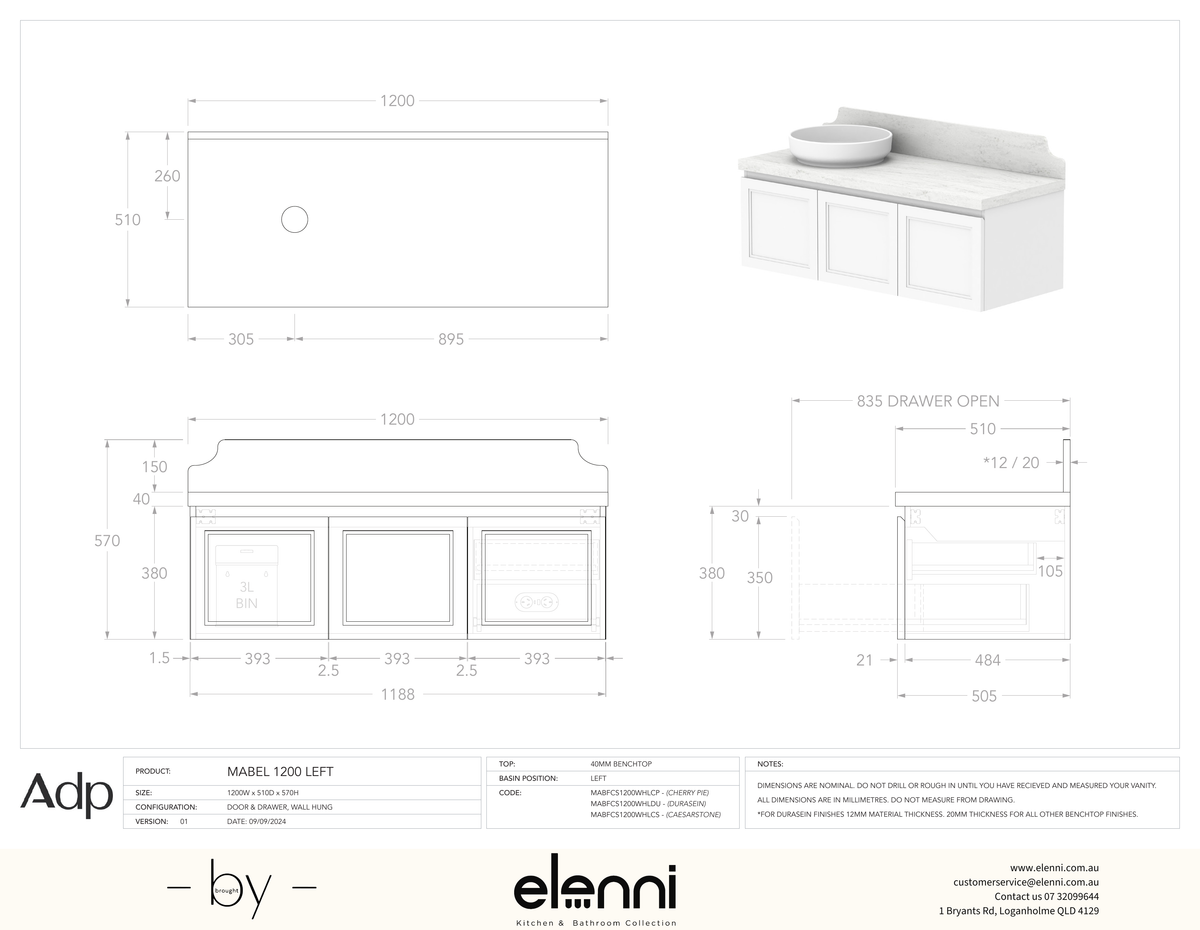 Mabel 1200 Wall Hung Left Offset, Elenni specification drawing