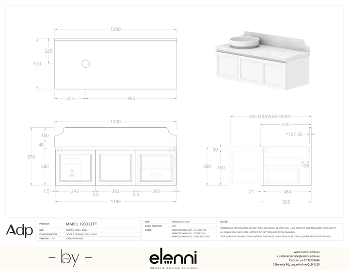 Mabel 1200 Wall Hung Left Offset, Elenni specification drawing