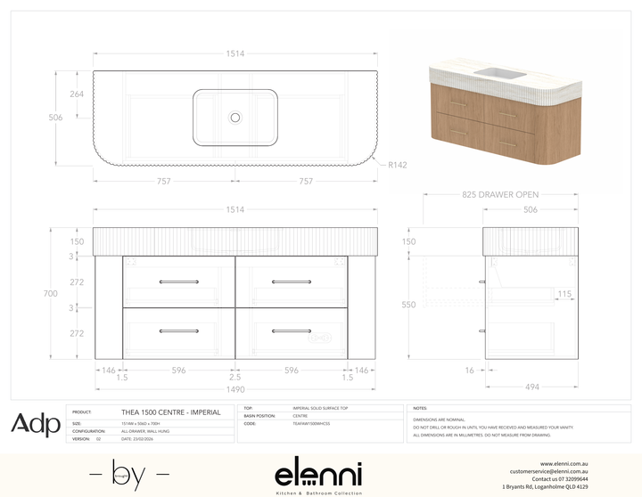 Thea 1500, Imperial, Centre Bowl, Elenni specification drawing