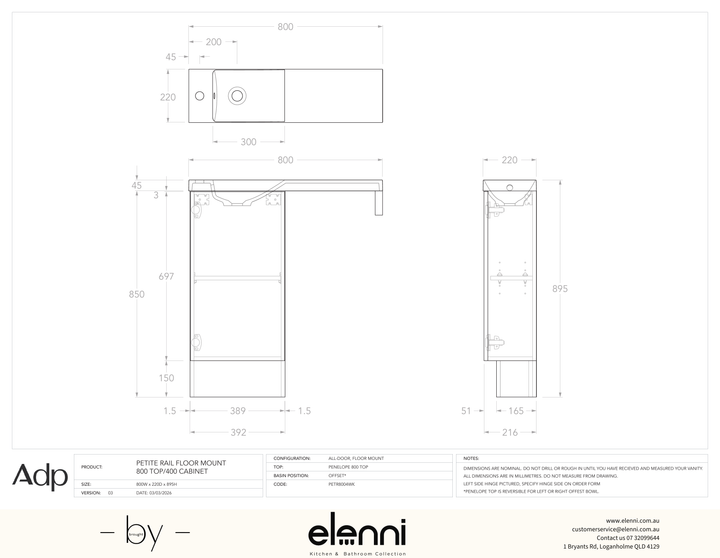 Petite Rail 800 Top/400 Cabinet Floor Mount, Elenni specification drawing