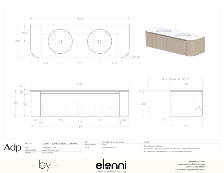 Surry 1500, Ceramic, Double Bowl, Elenni specification drawing